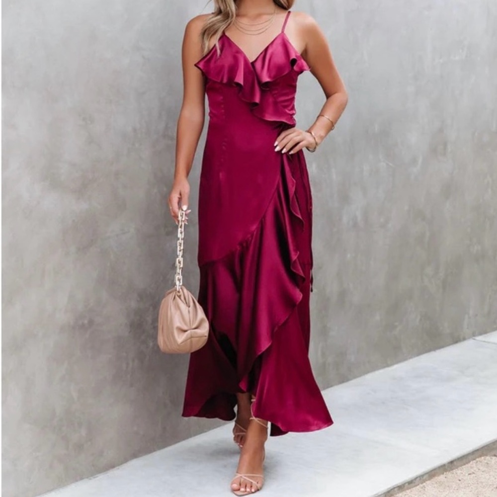 Satin Ruffle Maxi dress Wine color. Never worn.